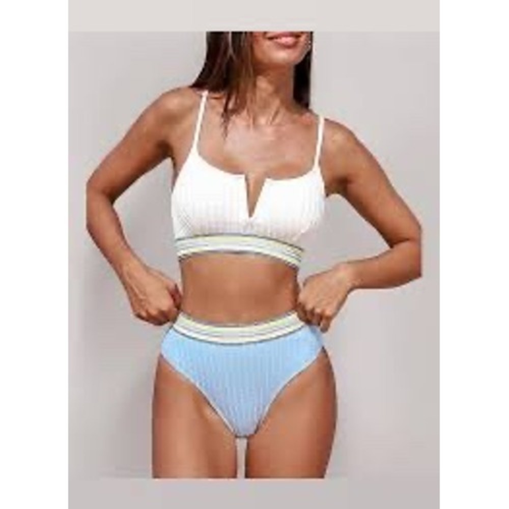 Cupshe Blue Cable Knit High Waisted Bikini Bottom Striped Waistband Size M